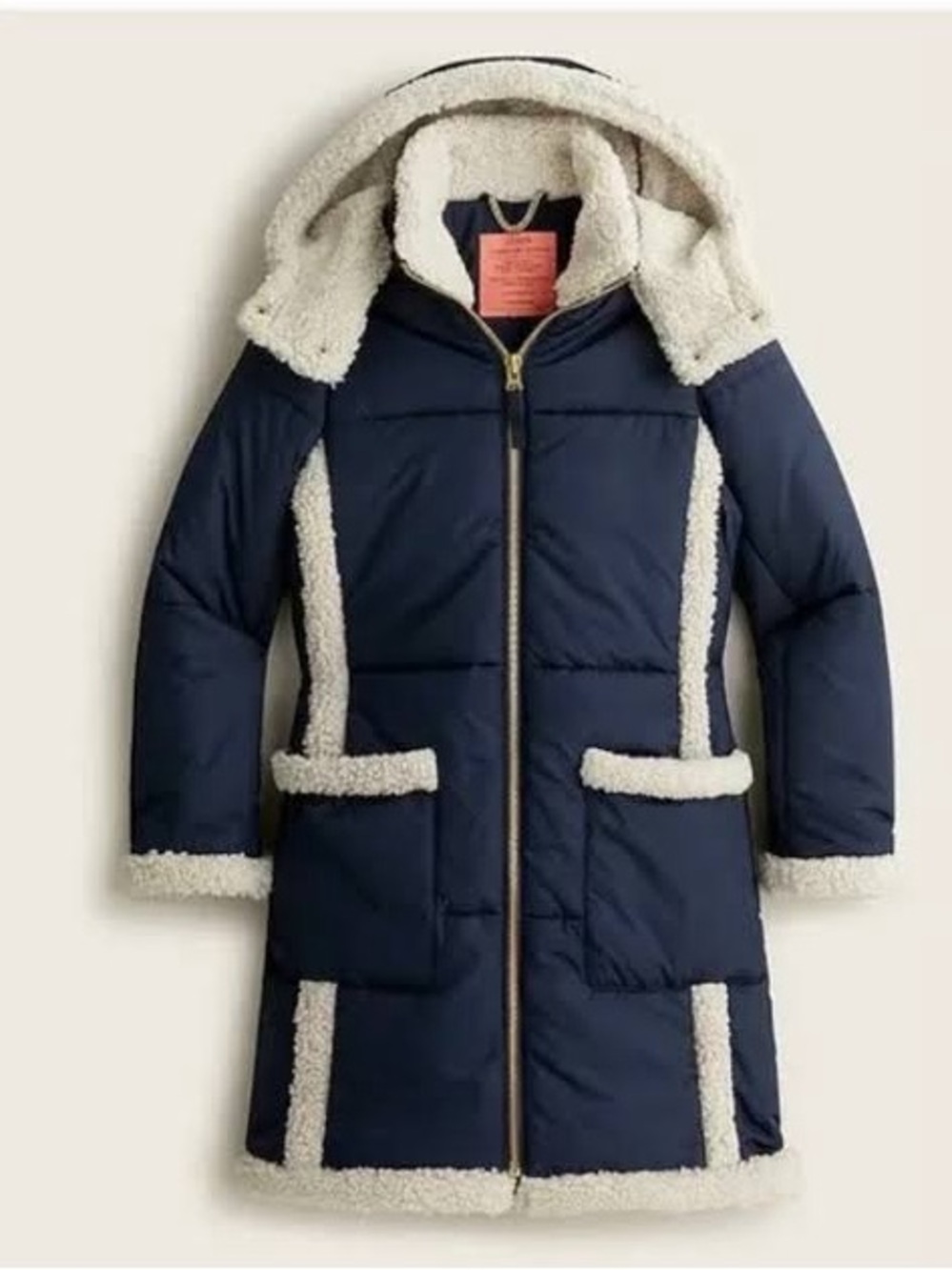 J. Crew Navy Puffer Coat with Cream Sherpa Trim - Large Tall